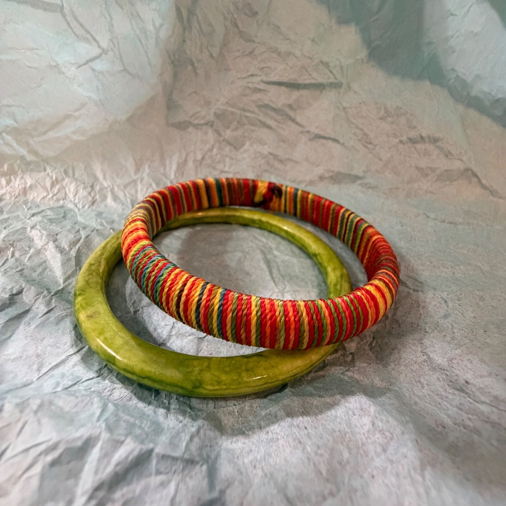 Vintage Boho Bangle Bracelet Set Lime Green Marbled Resin & Rainbow Cord Wrapped